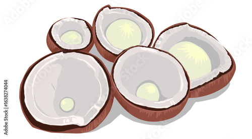Old coconuts are split in half for coconut milk issolated on white 