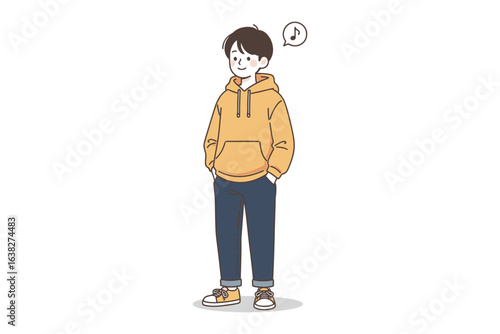 Daily Thought: A young individual stands, wrapped in a cozy yellow hoodie and relaxed dark-colored trousers, lost in contemplation amidst a sea of pure simplicity.