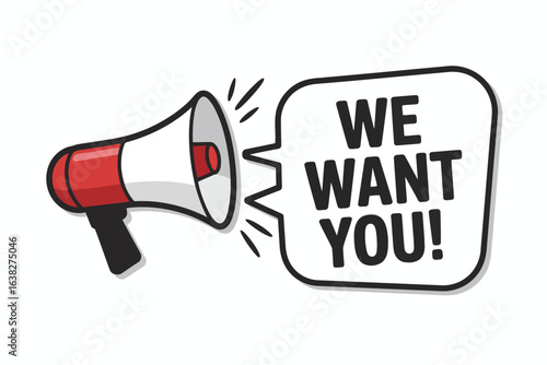 Red white megaphone announcing we want you announcement recruitment