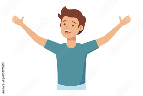 Joyful Gesture of a Man: A cheerful man with a broad smile and raised arms embodies pure happiness and openness, a symbol of positivity and welcome.