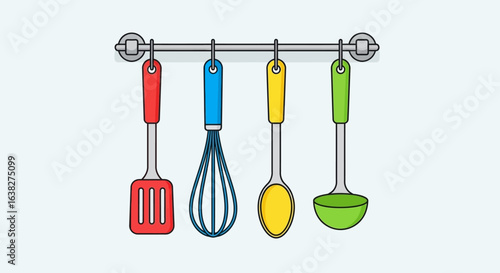 Colorful Kitchen Utensils Hanging on Rack.