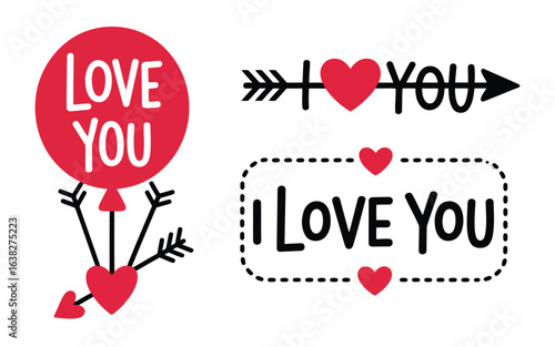 Red balloon hearts arrow text graphic design love, i love you design