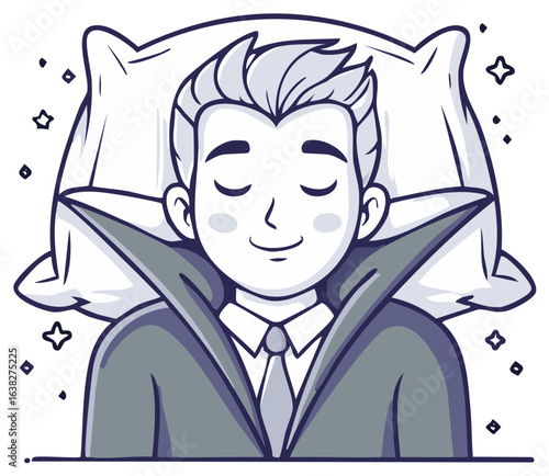 Cartoon Vampire in Suit Sleeping Peacefully on Pillow With Stars Dreamy Sleep