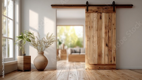 Interior View with Sliding Barn Door and Plants