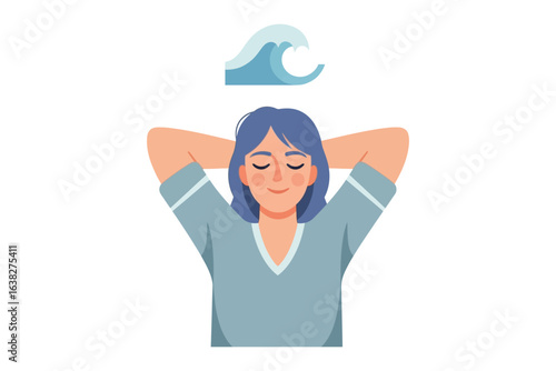 Serenity's Embrace: A woman closes her eyes, embracing inner peace, with an abstract wave above her, symbolizing a journey towards tranquility.