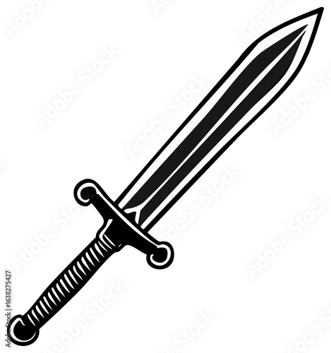Vintage monochrome tattoo style illustration of an ancient Roman gladius or medieval short sword