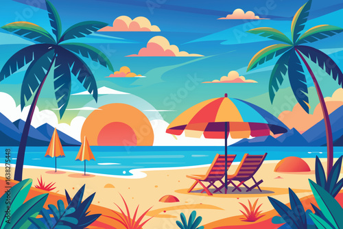 Illustration of a tropical beach with palm trees, chairs, and umbrella at sunset