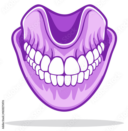 Aesthetic vector illustration of lower jaw with teeth in bright purple colors, artistic cartoon style, dental care concept