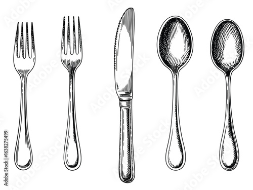 Detailed engraving of forks knife and spoons black