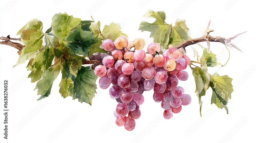Fototapeta premium Hand-painted watercolor illustration of wild grape cluster on branch with green leaves, detailed botanical style for packaging, kitchen decor, invitations, or food design, white background.