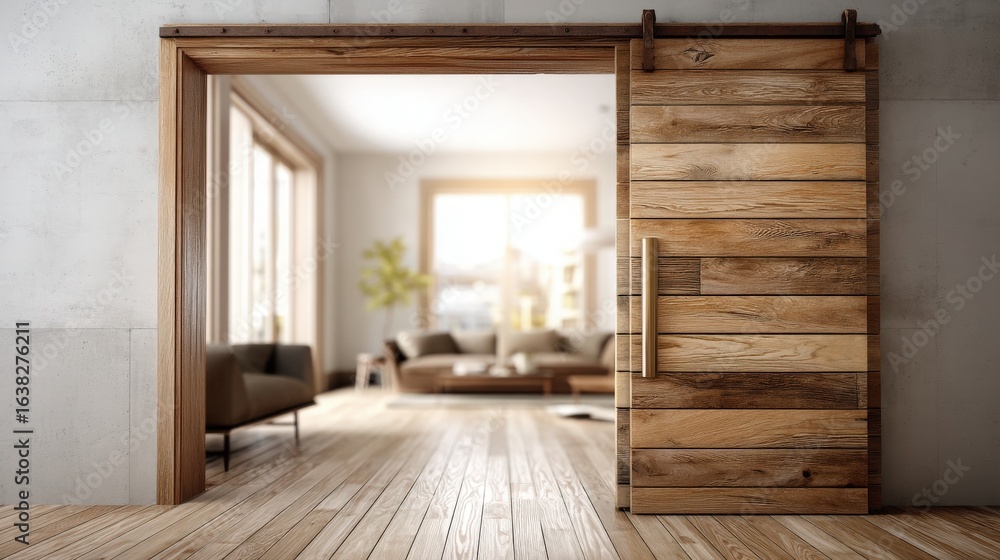 Naklejka premium Partially Open Wooden Sliding Door to Living Room