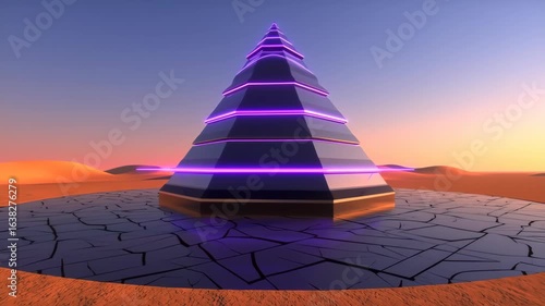 Futuristic Pyramid Structure with Neon Lights in Desert Landscape - Sci-Fi Concept