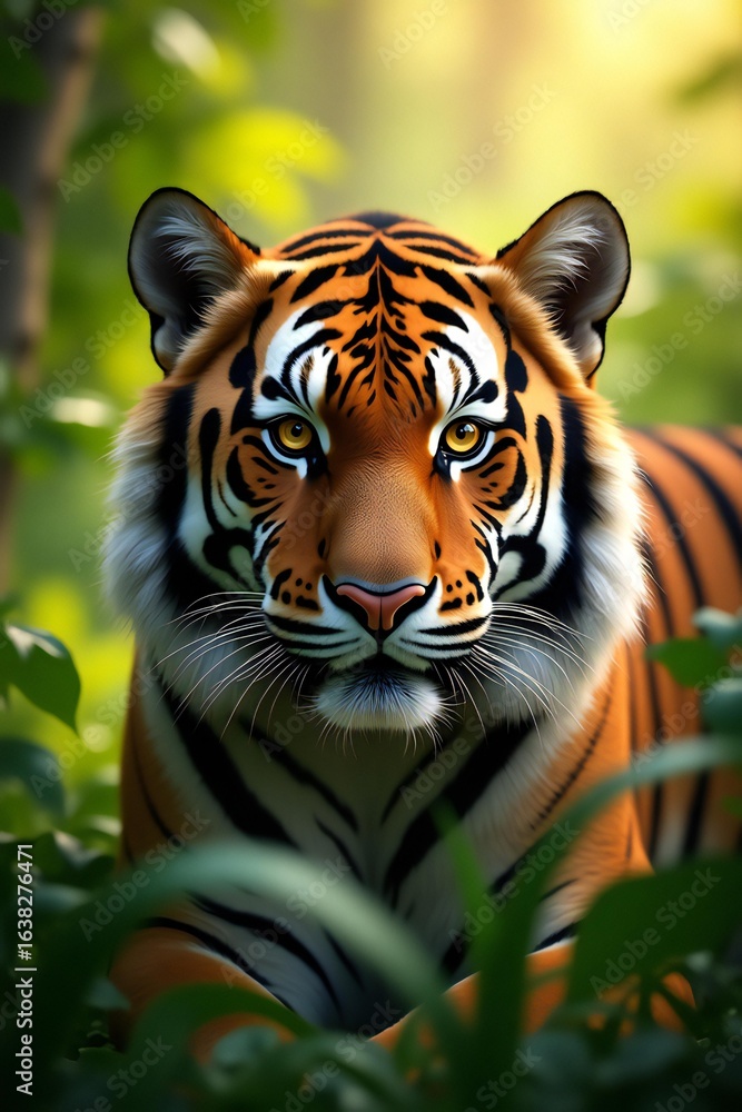Obraz premium tiger in the jungle | Close-Up Portrait of a Bengal Tiger in Jungle – Majestic Wildlife Stock Photo