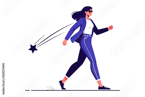 Starstruck Stroll: A determined woman strides forward with confident steps, a shooting star trailing behind her. The image exudes confidence, aspiration, and the pursuit of dreams.