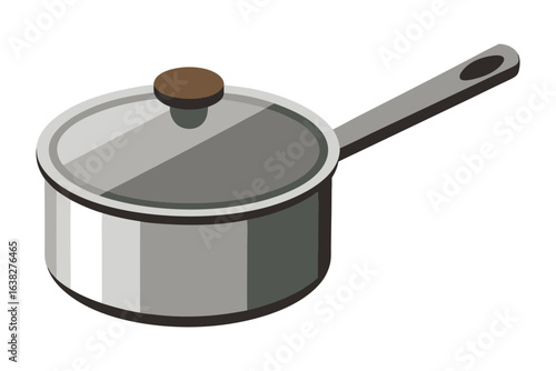 Shiny Kitchen Pot: This eye-level shot showcases a gleaming, brand-new pot, complete with its lid, perfectly illustrating a kitchen essential for home cooking, ready for any culinary adventure.