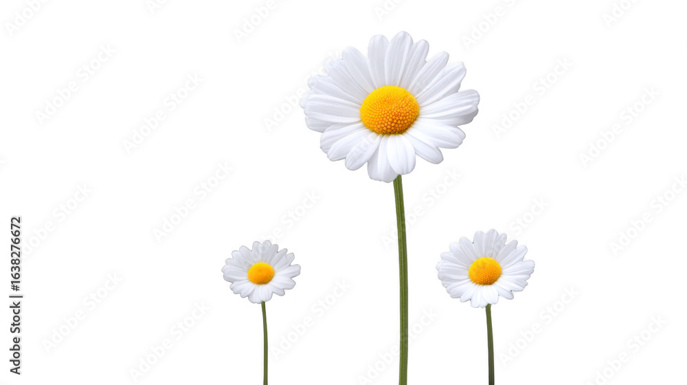 Fototapeta premium Bright and cheerful daisies stand tall against transparency background, showcasing their vibrant white petals and sunny yellow centers. These flowers symbolize purity and innocence, adding touch