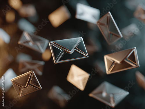 Flying Metallic Envelopes Representing Digital Communication and Email Messaging