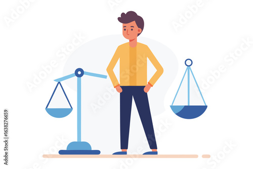 Justice and fairness: A man stands confidently beside a scale, symbolizing fairness and equality, his presence representing the pursuit of righteousness and ethical principles.