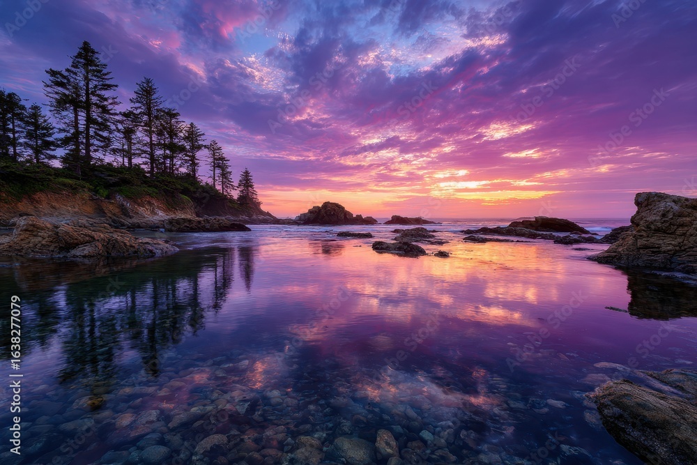 Fototapeta premium Vibrant sunset paints the sky with fiery oranges and deep purples reflecting on a serene coastal tide pool