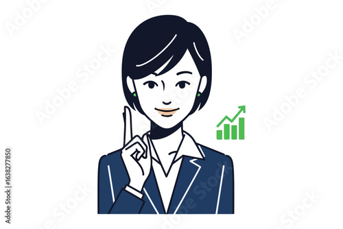 Strategic Insights: An intelligent businesswoman gestures with confidence, symbolizing ideas and growth, with a growing chart