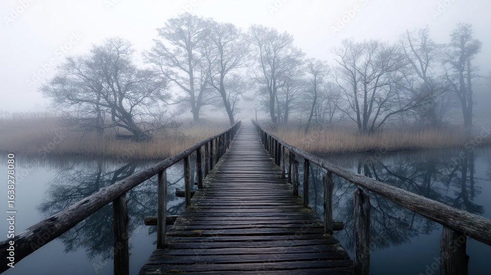 Naklejka premium Tranquil Foggy Morning Over Wooden Bridge in Serene Landscape