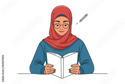 Focused Reader: A young woman, adorned in a hijab and glasses, engrossed in the pages of a book, accompanied by a floating pen, ready to take notes and glean knowledge. 