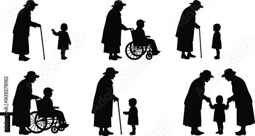 Silhouettes of elderly man with cane, child interaction, wheelchair care, family bond, generational love, support, compassion, outdoor scene, togetherness