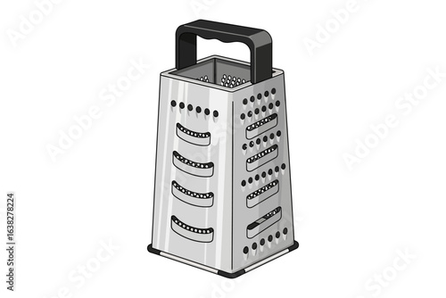 Grater Illustration: A close-up illustration of a stainless steel grater, a kitchen tool essential for food preparation and culinary arts.