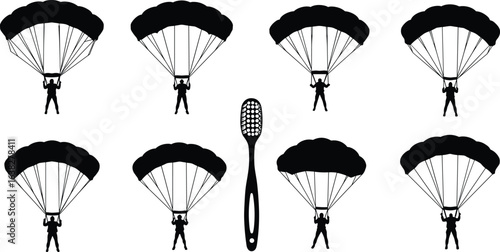 Silhouettes of parachutists in formation, surreal toothbrush juxtaposition, abstract concept, skydiving art, minimal design, creative visual metaphor, unique contrast