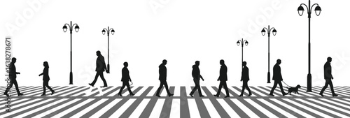 Silhouette people crossing street, urban zebra crossing scene, minimalist city life, dog walking, black white contrast, street lamps design