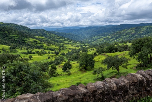 Vast lush green valley under a dramatic cloudy sky showcasing rolling hills and dense forestation