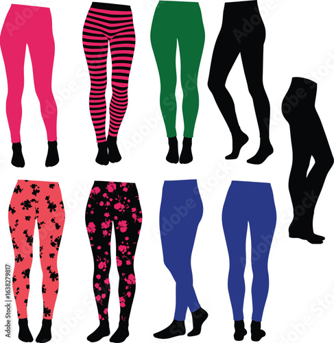 Fashionable women's leggings vector set with various styles, including solid colors, stripes, and trendy patterns for fitness, casual wear, and streetwear.