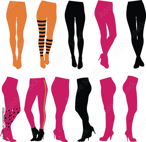 A vibrant assortment of eleven female leg silhouettes showcasing diverse leggings, tights, and hosiery in various colors and patterns, ideal for fashion design and apparel-related visuals.