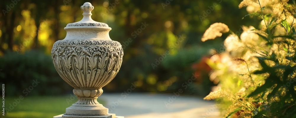 Naklejka premium Ornate stone urn atop a pedestal in a garden setting.