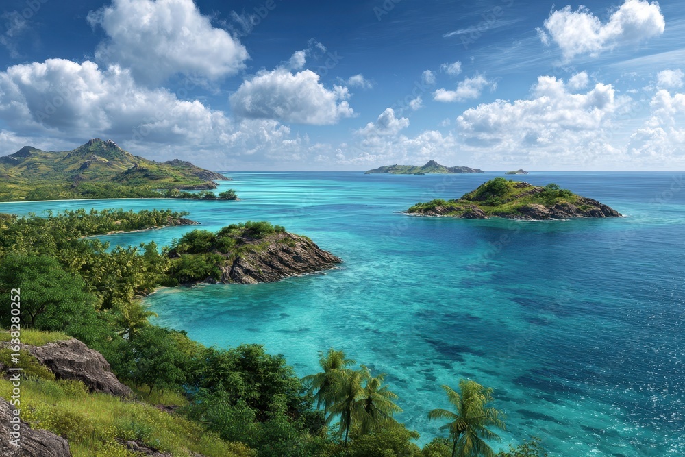 Fototapeta premium Vibrant turquoise ocean waters surround lush green tropical islands under a dramatic sky filled with fluffy clouds
