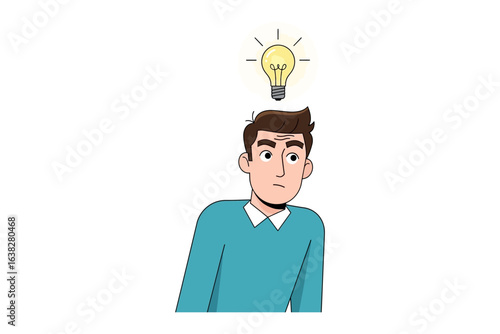 Eureka! Sparking Inspiration: A person stands with a light bulb idea hovering above, a visual metaphor for brilliant ideas and innovative thinking, creativity and insight.