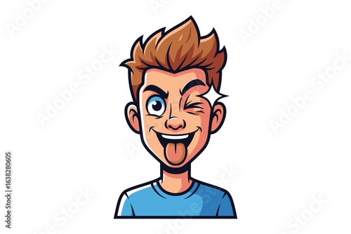 Playful Expression: A cartoon illustration of a young person showcasing an impish grin, winking with one eye while sticking out their tongue