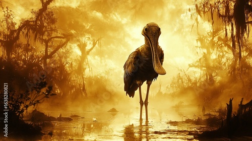Shoebill stork standing motionless in a misty swamp at dawn its giant beak and steely gaze catching the first rays of golden light