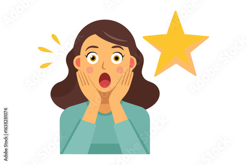 Astonishment and Recognition: A person shows a surprised expression near a golden star, representing a moment of awe and recognition, perfectly encapsulated in a minimalist style. 