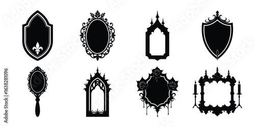 Gothic ornate frames and mirrors silhouette isolated on white background