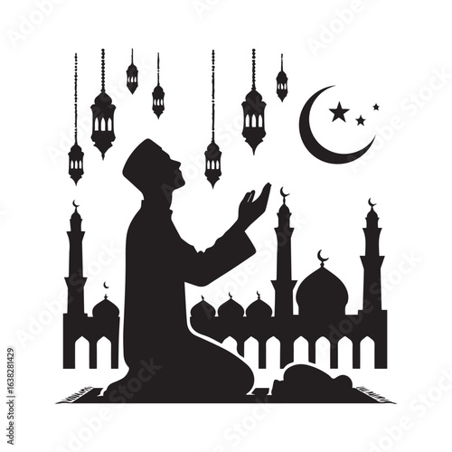 Muslim man  Praying  Silhouette Vector white background