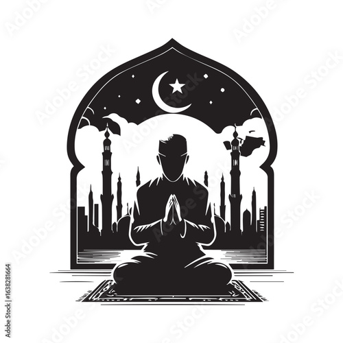 Muslim man  Praying  Silhouette Vector white background