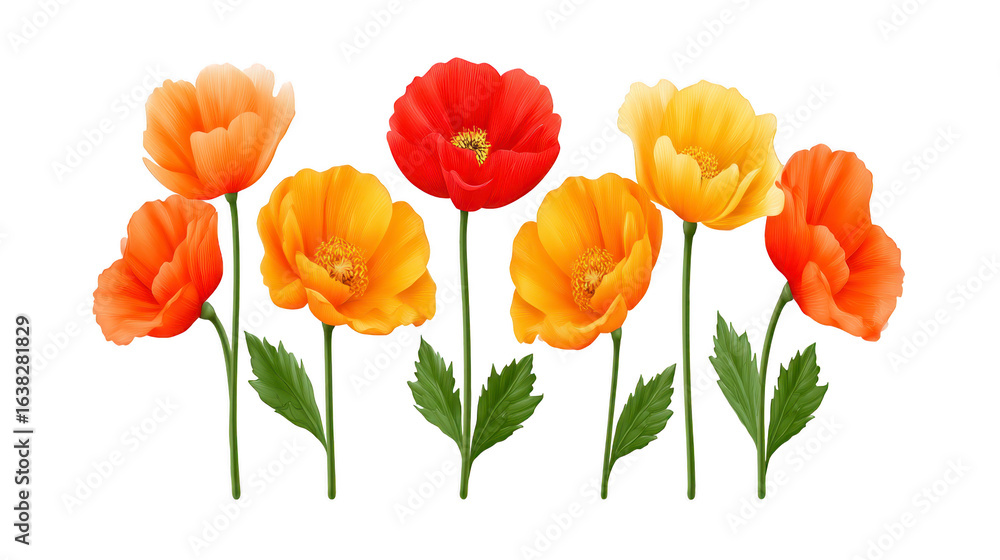 Bright and vibrant flowers various shades of orange, red, and yellow create cheerful and lively arrangement. These blossoms, with their delicate petals and lush green leaves, evoke feelings of joy Bright and vibrant flowers various shades of orange, red, and yellow create cheerful and lively arrangement. These blossoms, with their delicate petals and lush green leaves, evoke feelings of joy