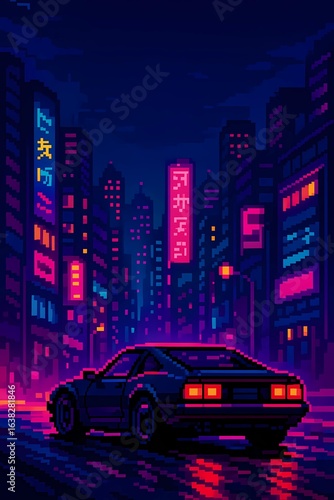 A vertical pixel art illustration of a retro-style futuristic car driving through a neon-lit cyberpunk city at night