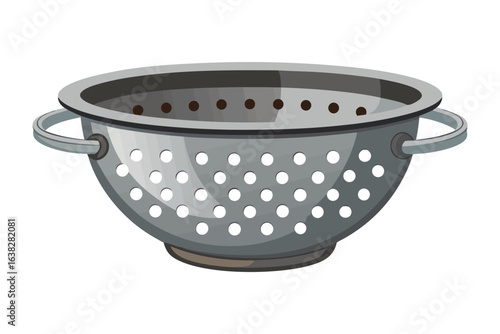 Stainless Steel Colander: This close-up captures a pristine stainless steel colander, showcasing its circular design, perforated surface, and sturdy handles.