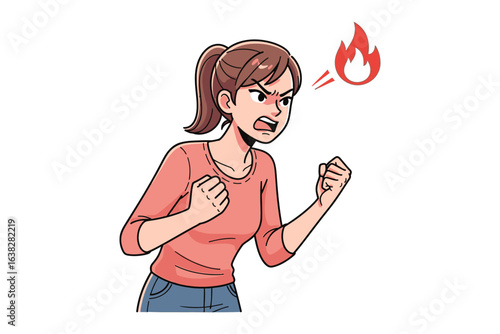 Animated Fury: A woman in a pink top, a picture of anger and frustration illustrated with bold lines, her expression set and clenched fists symbolizing intense emotions.