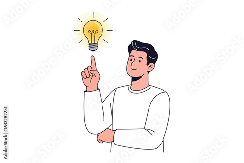 Spark of Inspiration: A modern individual, illuminated by a brilliant light bulb above, embodies the essence of innovation and ingenuity. symbolizing creativity and ideas.