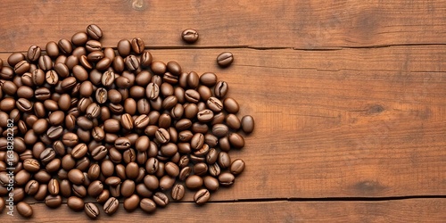 Rich brown coffee beans scattered on a rustic wooden surface, texture, cappuccino