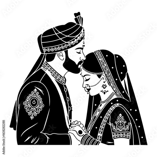 Minimal Hindu Wedding Groom Forehead Kiss Vector Illustration