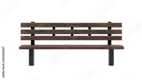 Wooden park bench with simple design, featuring horizontal slats and sturdy metal legs, perfect for outdoor seating in parks or gardens